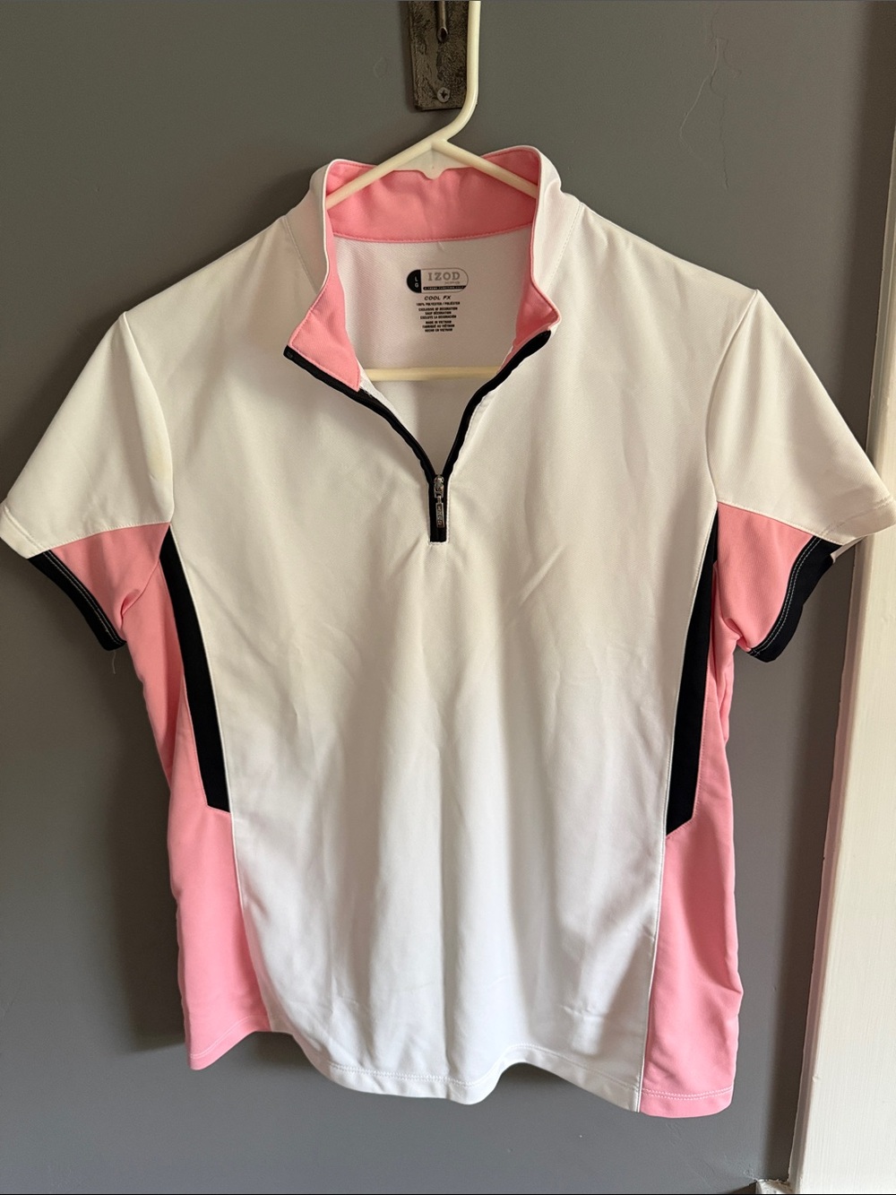 Izod White Golf Polo with Pink Panels and Black Trim